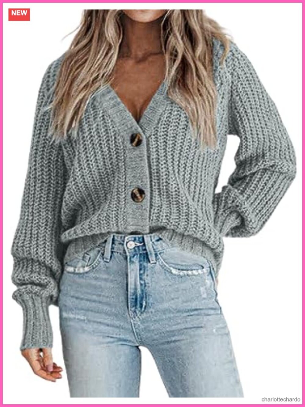 Women's Chunky Knit Cropped Cardigan Long Sleeve V-Neck Button Down Fall Sweater
